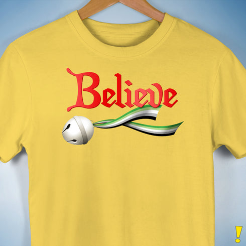 Believe Aromantic Pride Jingle Bell Premium Unisex T-Shirt - Yellow